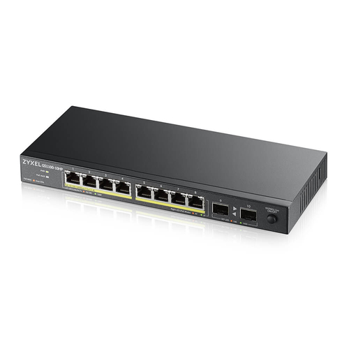 Коммутатор PoE+ Zyxel GS1100-10HP, 8xGE PoE+, 2xSFP, настольный, бесшумный, бюджет PoE 130 Вт, Kensigton lock