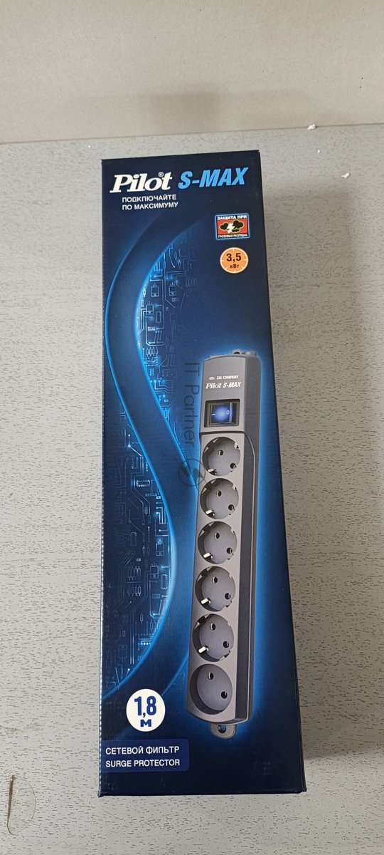 (Из ремонта) Сетевой фильтр Surge protector Pilot S Max (5 euros + 1GP), 15A/3.5kVA, automatic, 1.8 m, graphite