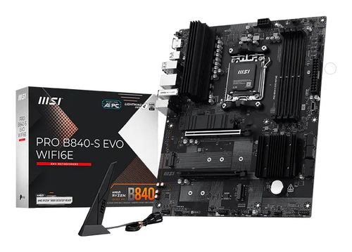 Материнская плата MSI PRO B840-S EVO WIFI6E, AM5, AMD B840, 4xDDR5 (до 256 ГБ), 4xSATA, 3xM.2 (PCIe 4.0/3.0), 1xPCIe 4.0 x16, 1xPCIe 3.0 x16, 1xHDMI, 1x2.5Gb LAN, Wi-Fi 6E, Bluetooth 5.3, 1xUSB-C 10Gbps, 1xUSB-A 10Gbps, 2xUSB-A 5Gbps, 4xUSB-A 2.0, 3x3.5 мм, 7.1, чёрный, ATX