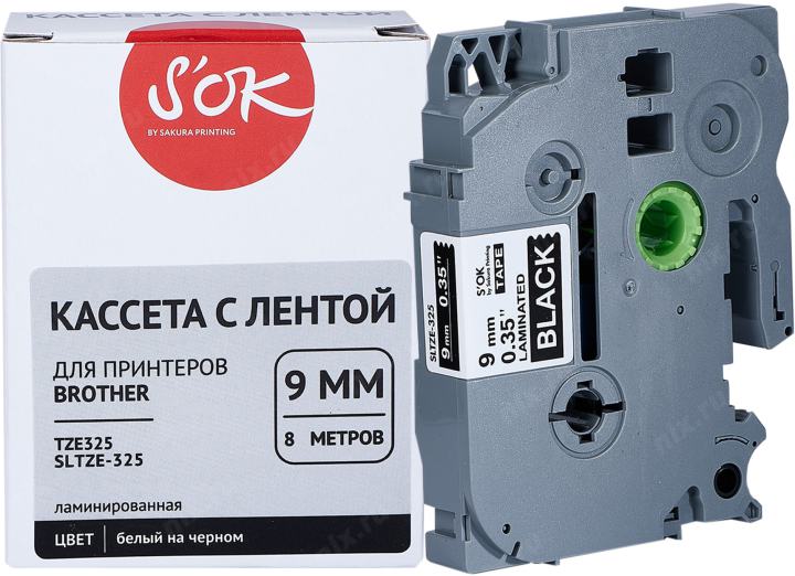 SLTZE325  S'OK TZE325 для Brother, белый на черном,  9мм/8м,  наклейка