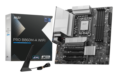Материнская плата MSI PRO B860M-A WIFI, LGA 1851, Intel B860, 4xDDR5, 4xSATA, 3xM.2, 1xPCIe 5.0 x16, 1xPCIe 4.0 x16, 1xPCIe 4.0 x16, 1xHDMI, 1xDP, 1xUSB-C, 1x 5Gb LAN, 4xUSB-A 3.2 Gen 2, 2xUSB-A 2.0, 7.1, 1x3.5 мм, 1xUSB 3.2 Gen 2 Type-C, Wi-Fi 6, mATX
