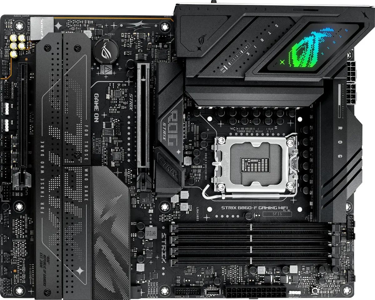 Материнская плата ASUS ROG STRIX B860-F GAMING WIFI, LGA 1851, Intel B860, 4xDDR5, 4xSATA, 4xM.2, 1xPCIe 5.0 x16, 1xPCIe 4.0 x16, 1xDP, 1xHDMI, 1x 2.5Gb LAN, 1xUSB 20Gbps, 1xUSB 10Gbps, 6xUSB-A 5Gbps, 2xUSB 2.0, 3x3.5 мм, 7.1, ATX