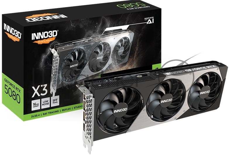 Видеокарта Inno3D GeForce RTX 5080 X3, 16 GB GDDR7, 256 bit, 3xDisplayPort, HDMI, GPU 2295 MHz