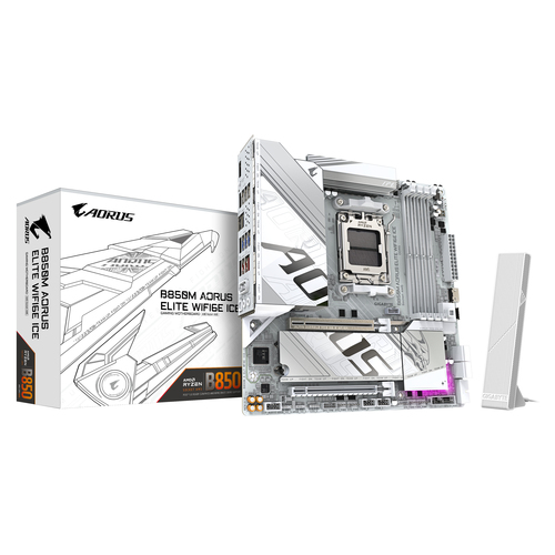 Материнская плата Gigabyte B850M AORUS ELITE WIFI6E ICE, AM5, AMD B850, 4xDDR5, 4xSATA, 2xM.2, 1xPCIe 5.0 x16, 1xPCIe 3.0 x4, 1xDP, 1xHDMI, 1x2.5Gb LAN, Wi-Fi 6E, Bluetooth 5.3, 2xUSB-A 10Gbps (Gen2), 5xUSB-A 5Gbps, 4xUSB-A 2.0, 1xUSB-C 10Gbps (Gen2), 2x3.5 мм, 7.1, mATX