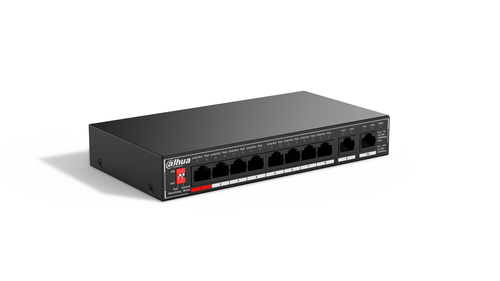DAHUA DH-SG1010P 10-портовый гигабитный неуправляемый коммутатор c PoE, 8xRJ45 1Gb PoE, 2xRJ45 1Gb uplink, суммарно 96Вт, коммутация 20 Гбит/с, MAC-таблица 4K, металл