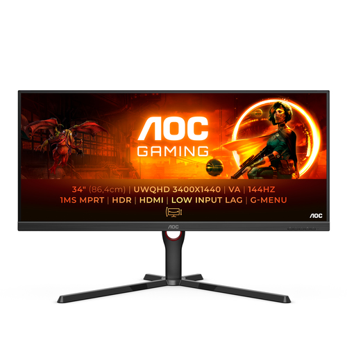 Монитор AOC 34" Gaming U34G3XM/EU черный/красный VA LED 1ms 21:9 HDMI матовая HAS Piv 300cd 178гр/178гр 3440x1440 144Hz FreeSync Premium DP 2K 7.78кг