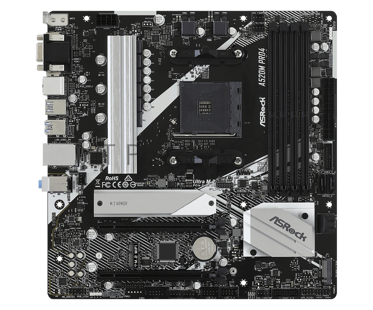 Материнская плата ASRock A520M Pro4, AM4, AMD A520, 4xDDR4, 4xSATA, 2xM.2, 1xPCIe 3.0 x16, DisplayPort, HDMI, D-Sub, 1x1Gb LAN, 3x3.5 мм, 7.1, microATX