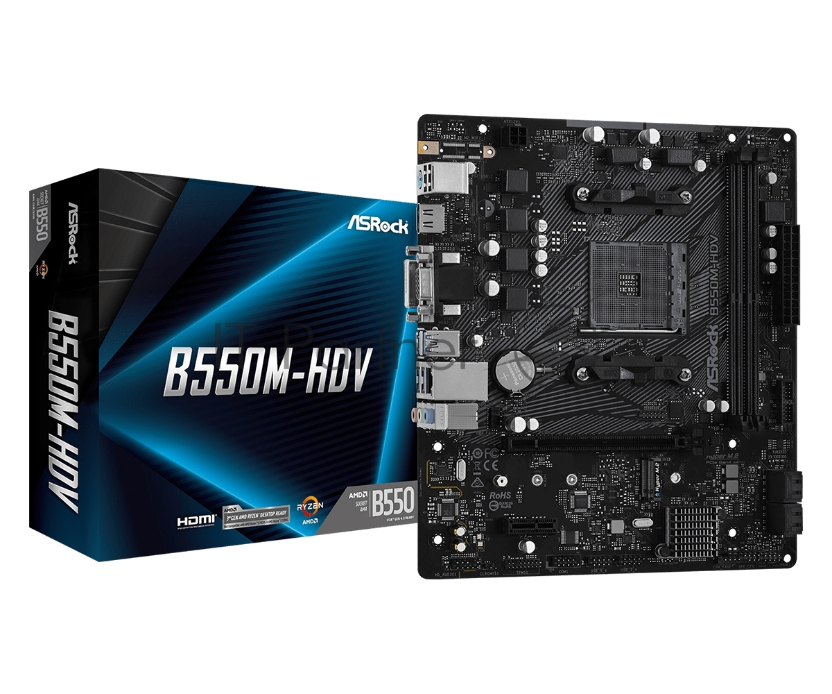 Материнская плата ASRock B550M-HDV, AM4, AMD B550, 2xDDR4, 4xSATA, 1xM.2, 1xPCIe 4.0 x16, 1xDVI-D, 1xHDMI, 1xVGA, 1x 1Gb LAN, 3x3.5 мм, 7.1, mATX