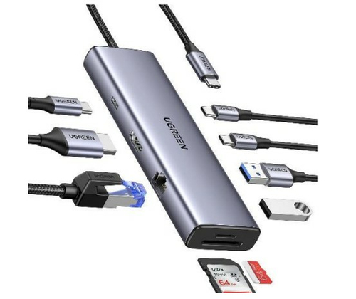 Конвертер UGREEN CM498 (15375) USB-C to 2*USB3.0+2*USB-C+HDMI+RJ45+SD&TF +PD port Converter. Цвет: серый