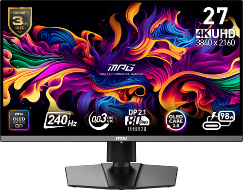 Монитор 26.5" MSI MPG 272URX QD-OLED  QD-OLED, 3840x2160, 240Hz, 0,03ms, 250сd/m, 1500000:1, HDR10 | 2xHDMI(2.1), DP(2.1a), Type-C(PD-98W), 2xUSB3.2 | HAS, Swivel, InPSU, Vesa 100, Black