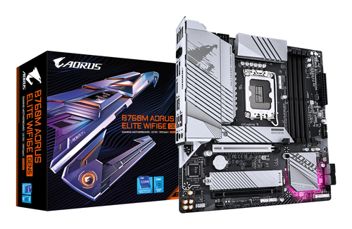 Материнская плата Gigabyte B760M AORUS ELITE WIFI6E GEN5, Socket 1700, Intel®B760, 4xDDR5-4800, HDMI+DP, 2xPCI-Ex16, 4xSATA3(RAID 0/1/5/10), 2xM.2, 8Ch Audio, 1x2.5GLan, WiFi, (4+4)xUSB2.0, (4+2)xUSB3.2, (1+1)xUSB3.2 Type-C™, mATX, RTL