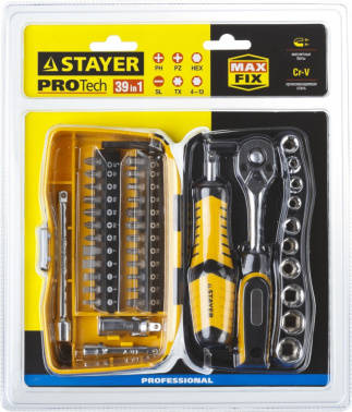 Набор STAYER PROFESSIONAL 25135-H39 Биты и торцовые головки с трещеткой и воротком. 39 предметов