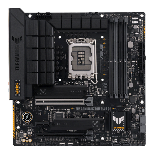 Материнская плата ASUS TUF GAMING B760M-PLUS D4, LGA1700, Intel B760, 4xDDR4, 4xSATA, 2xM.2, 1xPCIe 5.0 x16, 1xPCIe 4.0 x4, 1xPCIe 4.0 x1, 1xDP, 1xHDMI, 1x2.5Gb LAN, Wi-Fi, Bluetooth, 1xUSB-C 20Gbps, 4xUSB-A 10Gbps, 1xUSB-A 5Gbps, 2xUSB-A 2.0, 5x3.5 мм, 7.1, mATX