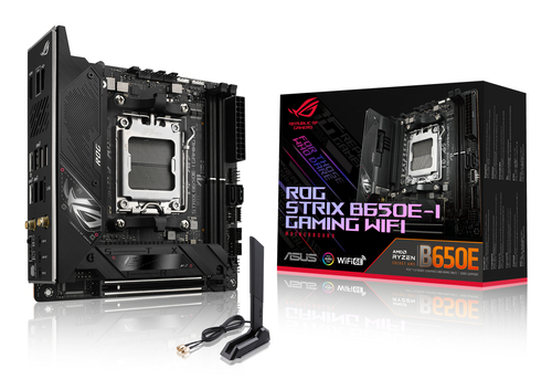 ASUS ROG STRIX B650E-I GAMING WIFI (Socket AM5, mini ITX, 2xDDR5(64GB), HDMI 2.1, 1xPCIe 5.0x16, 1xLAN (2.5GbE), Wi-Fi 6E, BT, 2xSATA 6Gb/s, 2xM.2, 2xType-C, 4xUSB 3.2, 2xUSB 2.0)