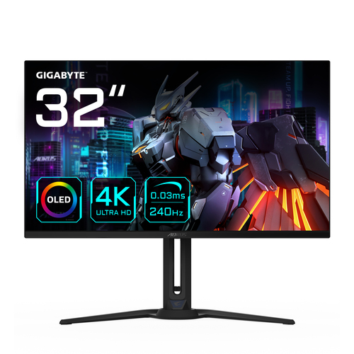 Монитор Gigabyte - FO32U2, 31.5", 16:9, QD-OLED, 250cd/m², 3840x2160 (4K), 240 Гц, 2x HDMI, 1x DP, HAS, Pivot, speakers, цвет чёрный, 20VM0-FO32U2BA-1EKR
