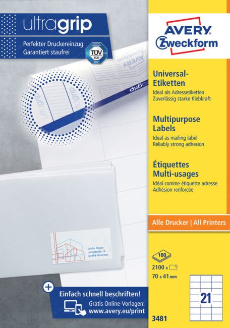 Этикетки Avery Zweckform 3481 A4 70x41мм 21шт на  листе/70г/м2/100л./белый  матовое  самоклей. универсальная