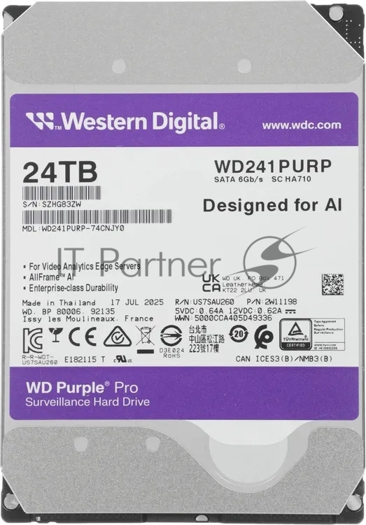 Жесткий диск Western Digital WD241PURP, 24TB, SATA III, 7200rpm, 3.5"
