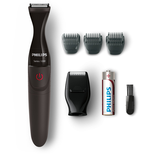 PHILIPS MG1100/16  Компактный триммер для бороды, работа от батареек,3 гребня (1-3-5мм), насадка-бритва, черный.