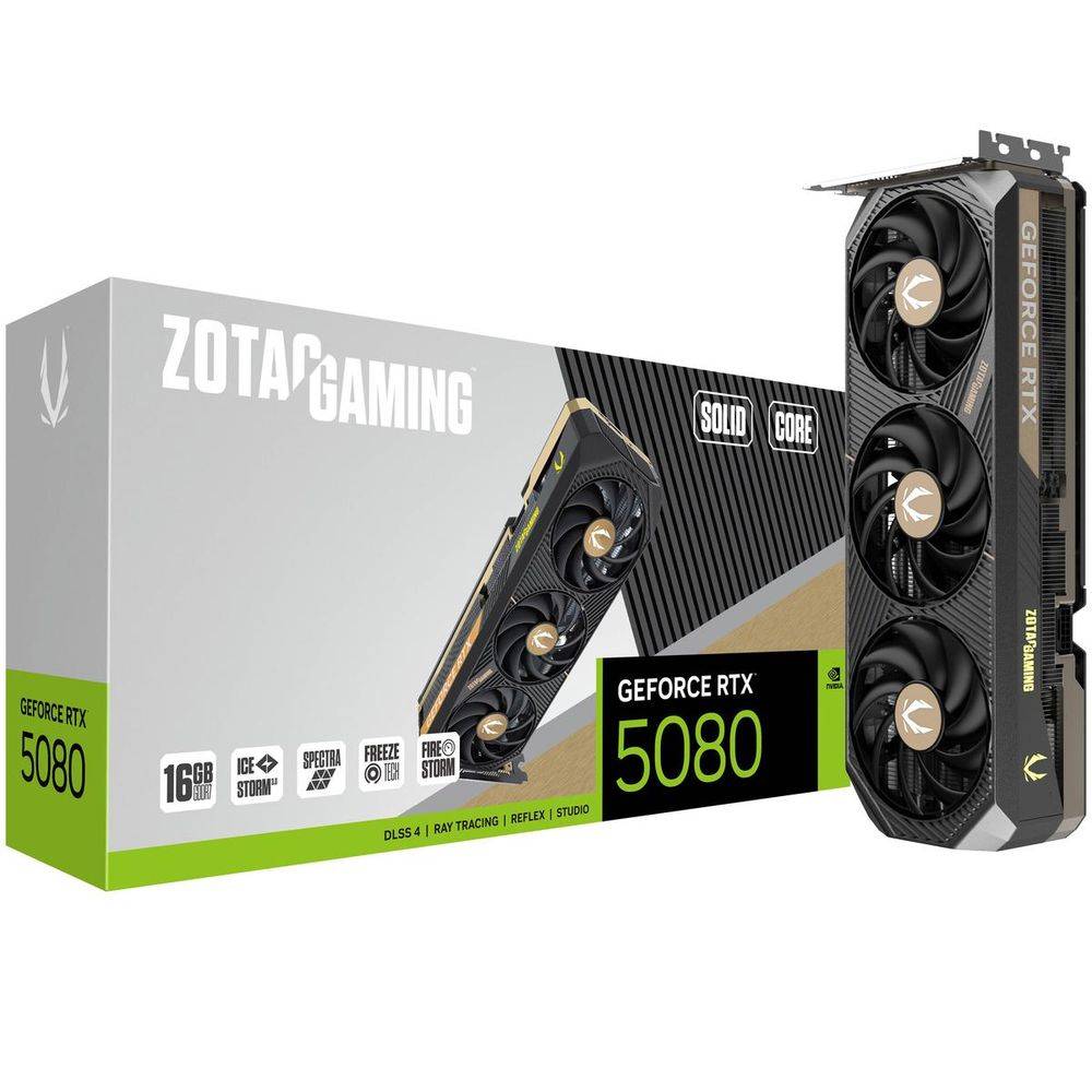 Zotac Видеокарта RTX5080 SOLID CORE 16GB GDDR7 256bit 3xDP HDMI 3FAN PREMIUM PACK