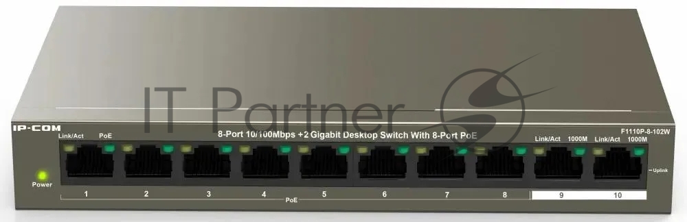 Коммутатор IP-COM F1110P-8-102W, неуправляемый, 8×100Мбит/с PoE, 2×1GbE, PoE 99W