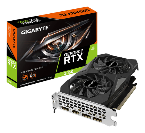 Видеокарта Gigabyte NVIDIA - GeForce RTX 3050 WindForce, PCI-E 4.0, GDDR6 6GB 96bit, 2x HDMI, 2x DP, max 7680 x 4320 (8K), 130Вт, 191мм, GV-N3050WF2OCV2-6GD