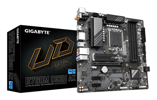 Материнская плата Gigabyte B760M DS3H AX, Socket 1700, Intel®B760, 4xDDR5-4800, HDMI+DP+DP, 1xPCI-Ex16, 2xPCI-Ex1, 4xSATA3(RAID 0/1/5/10), 2xM.2, 8Ch Audio, 2.5GbLan, WiFi, (2+4)xUSB2.0, (3+2)xUSB3.2, (1+0)xUSB3.2 Type-C™, 1xPS/2, mATX, RTL