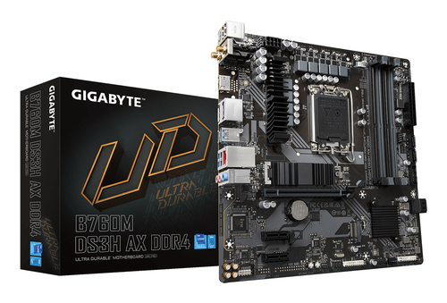 Материнская плата Gigabyte B760M DS3H AX DDR4, Socket 1700, Intel®B760, 4xDDR4-3200, HDMI+DP+DP, 1xPCI-Ex16, 2xPCI-Ex1, 4xSATA3(RAID 0/1/5/10), 2xM.2, 8Ch Audio, GLan, WiFi, (2+4)xUSB2.0, (3+2)xUSB3.2, (1+0)xUSB3.2 Type-C™, 1xPS/2, mATX, RTL