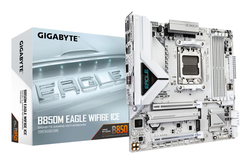 Материнская плата Gigabyte B850M EAGLE WIFI6E ICE, AM5, AMD B850, 4xDDR5, 4xSATA, 2xM.2, 1xPCIe 5.0 x16, 1xPCIe 3.0 x4, 1xHDMI, 2xDP, 1x2.5Gb LAN, Wi-Fi 6E, Bluetooth 5.3, 1xUSB-C 10Gbps, 1xUSB-A 10Gbps, 2xUSB-A 5Gbps, 4xUSB-A 2.0, 3x3.5 мм, 7.1, mATX
