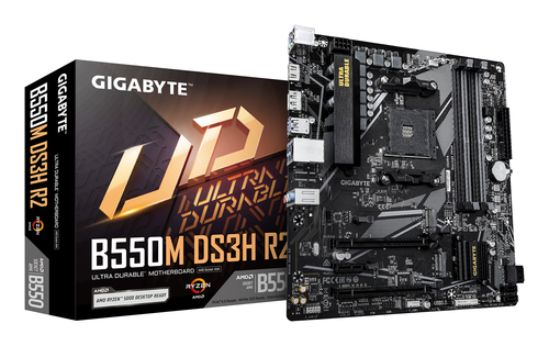 Материнская плата Gigabyte B550M DS3H R2, Socket AM4, AMD B550, 4xDDR4-3200, HDMI+DP, 2xPCI-Ex16, 1xPCI-Ex1, 4xSATA3(RAID 0/1/10), 1xM.2, 8 Ch Audio, GLan, (2+4)xUSB2.0, (4+2)xUSB3.2, (0+1)xUSB3.2 Type-C™, 1xPS/2, mATX, RTL bp (B550M DS3H R2 плохая упаковка)