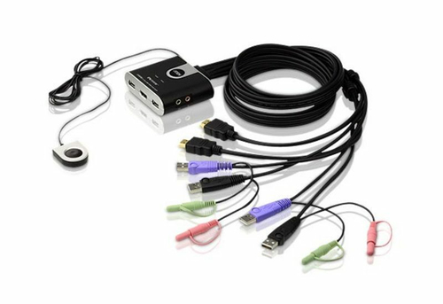 Переключатель KVM ATEN (CS692-AT) KVM+Audio, 1 user USB+HDMI => 2 cpu USB+HDMI, со встр.шнурами USB+Audio 2x1.2м., 1920x1200, настол., исп.стандарт.