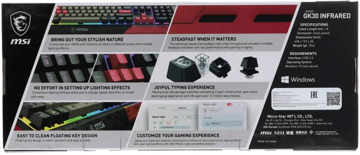 MSI GK30 Infrared черный/красный USB Multimedia for gamer LED  кабель 1.8м
