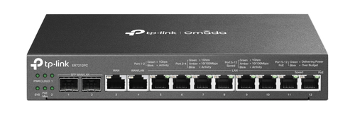 VPN-маршрутизатор TP-Link Omada 12 портовый, 8 портов LAN RJ45 PoE+ (802.3af/at), бюджет PoE 110 Вт + 2 гигабитных порта WAN/LAN SFP, гигабитный порт WAN RJ45, гигабитный порт WAN/LAN RJ45.