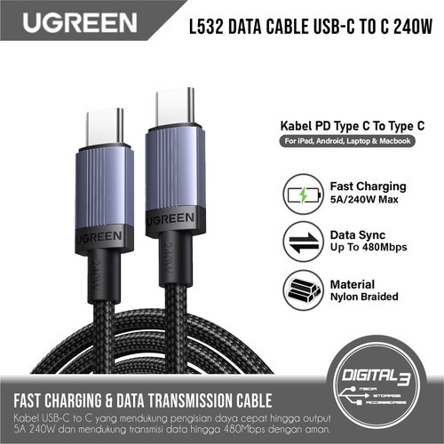 Кабель зарядный UGREEN L532 (65909) USB-C to USB-C PD Fast Charging Cable 240W Max. Длина: 3м. Цвет: серый космос