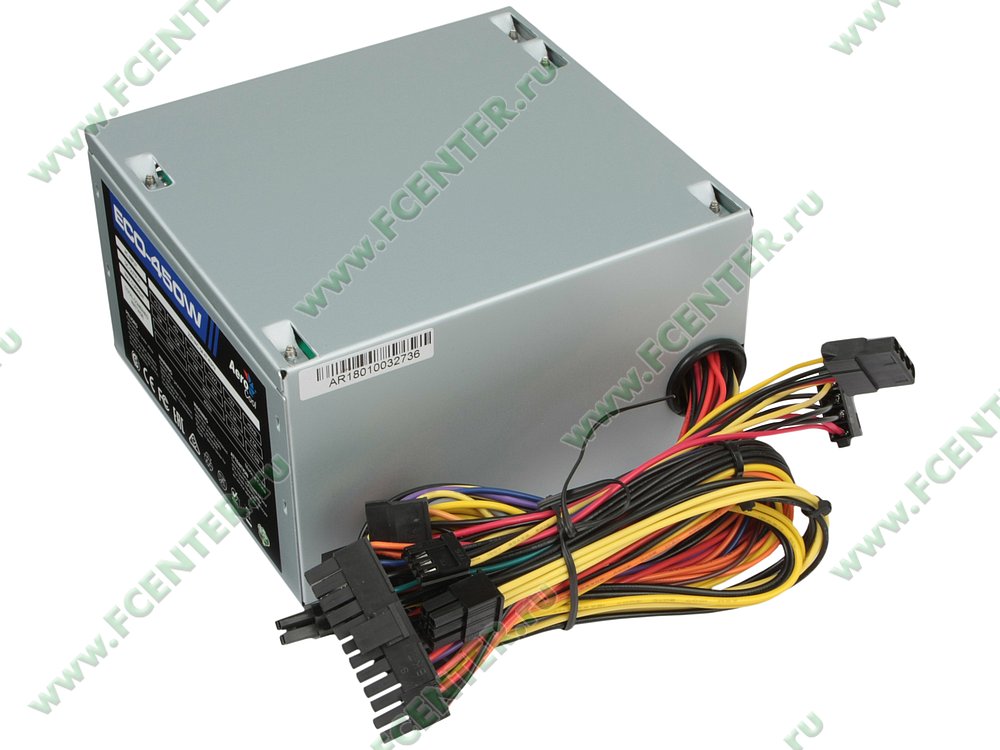 450W Aerocool 450W Retail ECO-450W ATX v2.3 Haswell, fan 12cm, 400-mm cable, power cord, 20+4P, 12V 4P, 1x PCI-E 6P, 2x SATA, 2x PATA, 1x FDD
