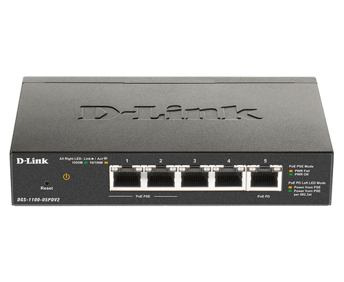 D-Link DGS-1100-05PDV2/A1A Настраиваемый L2 коммутатор с 5 портами 10/100/1000Base-T (2 порта PoE 802.3af