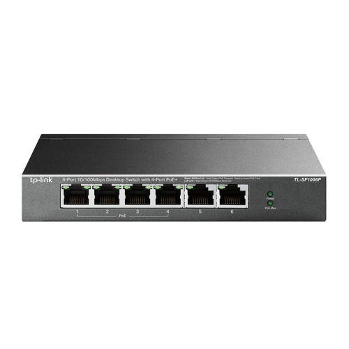Коммутатор TP-Link 4-port 10/100Mbps Unmanaged PoE+ Switch with 2 10/100Mbps uplink ports, meta case, desktop mount, 4 802.3af/at compliant PoE+ port, 2 10/100Mbps uplink ports, DIP switches for Extend mode, Isolation mode and Priority mode, up to 250m PoE power supply