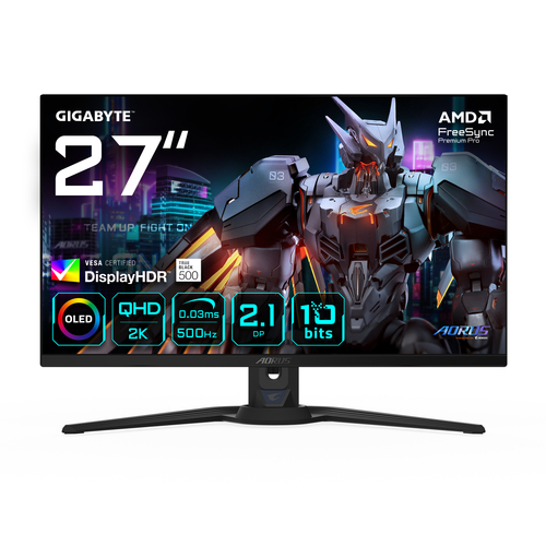 Монитор 27" Gigabyte Aorus FO27Q5P QD-OLED 2560x1440, 500 Гц, 0.03 мс, 16:9, 300 кд/м², 2xHDMI 2.1, DP 1.4, USB-C (18 Вт), USB Hub (2x USB 3.2), 3.5 Jack, DisplayHDR 500 True Black, FreeSync Premium Pro, G-Sync Compatible, динамики (2x5 Вт), VESA 100x100, черный