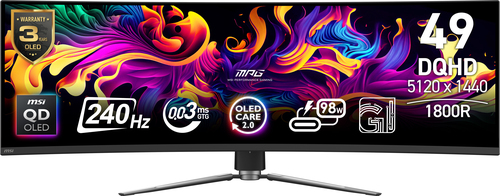 Монитор 49" MSI MPG 491CQPX QD-OLED 5120x1440, 240 Гц, 0.03 мс, 32:9, 250 кд/м², HDMI 2.1, DP 1.4a, 3.5 Jack, USB-C (98 Вт), USB Hub (2x USB 2.0), Adaptive-Sync, изогнутый экран, черный