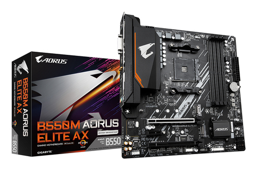 Материнская плата Gigabyte B550M AORUS ELITE AX, Socket AM4, AMD B550, 4xDDR4, 4xSATA, 2xM.2, 1xPCI-E 4.0 x16, 1xPCI-E 3.0 x4, 1xPCI-E x1, 1xDVI-D, 1xHDMI, 1x 1Gb LAN, 4xUSB-A 3.2 Gen 1, 4xUSB-A 2.0, 3x3.5 мм, 7.1, Micro-ATX