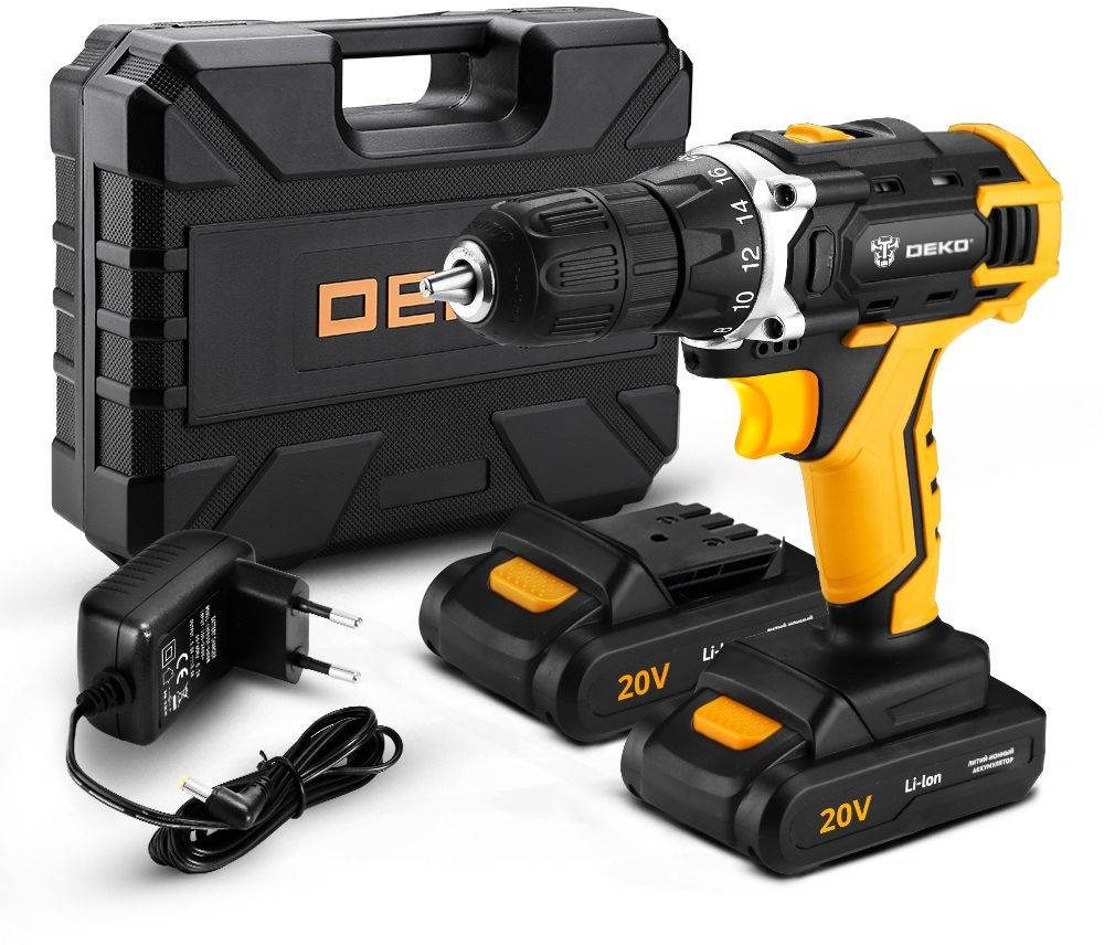 Дрель-шуруповерт DEKO 063-4093, 20В, 2×2.0Ач, кейс + 63 инструмента