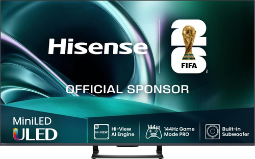 Телевизор ЖК 55'' Hisense/ 55", Ultra HD, Mini LED, Local Dimming Zones 160, 144 Hz(VRR), Smart TV (ОС VIDAA U8.5), Wi-Fi, DVB-T2/T/C/S2/S, HDR 10+, Dolby Vision, Dolby Atmos, Bluetooth, 2.1ch 2*10W(Main)+20W(Subwoofer) , CI+(1.4), 4хHDMI, 2хUSB, FreeSync Premium , 144Hz Game Mode Pro, Black, Central stand, 2025