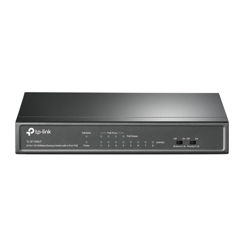 TP-Link 8-Port 10/100 Mbps Desktop Switch with 4-Port PoE. PORT: 4× 10/100 Mbps PoE Ports, 4× 10/100 Mbps Non-PoE Ports. SPEC: 802.3af, 41 W PoE Power, Desktop Steel Case. FEATURE: Extend Mode for 250m PoE Transmitting, Priority Mode for Port1-2, Plug and Play (SF1008LP)