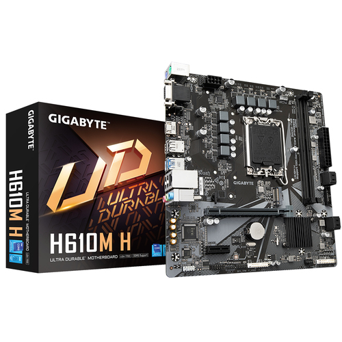 Материнская плата Gigabyte H610M H, Socket 1700, Intel®H610, 2xDDR5-4800, D-SUB+HDMI, 1xPCI-Ex16, 1xPCI-Ex1, 4xSATA3, 1xM.2, 8Ch Audio, GLan, (4+4)xUSB2.0, (2+2)xUSB3.2, 2xPS/2, mATX, RTL