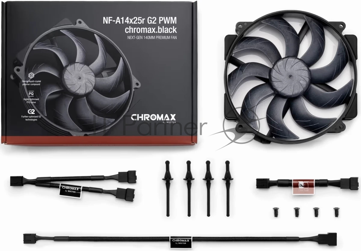 Вентилятор корпусной Noctua NF-A14x25r G2 PWM chromax.black, 140 мм, 1500 об/мин, 22.8 дБ, 4-pin PWM, без подсветки, черный