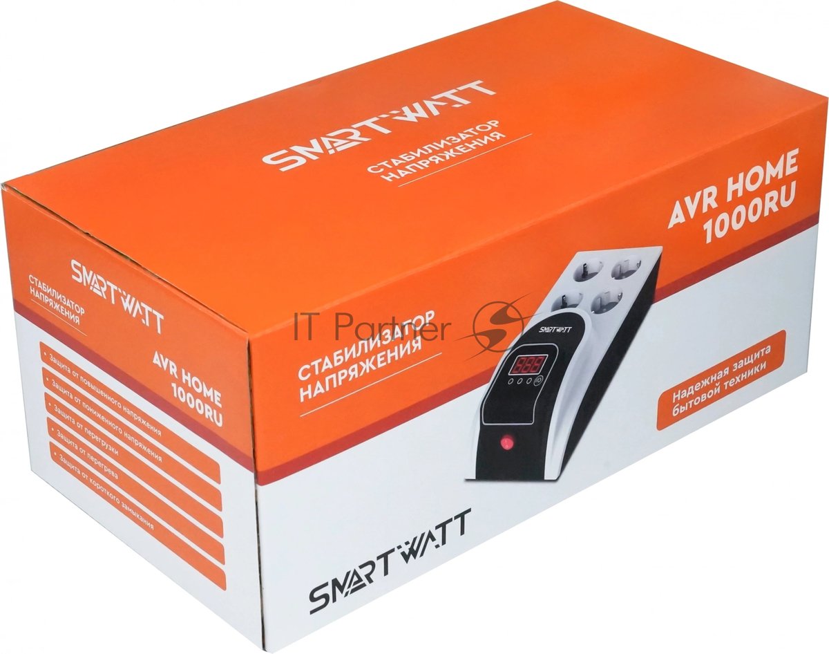 Бытовой стабилизатор напряжения SMARTWATT AVR HOME 1000RU (150W - 275W, 1000VA, 1 кВт, 50 Гц, розеток — 4, LED-дисплей, р