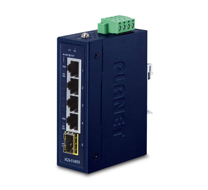 Компактный промышленный коммутатор PLANET IGS-510TF 4-Port 10/100/1000T + 1-Port 100/1000X SFP Gigabit Ethernet Switch (-40~75 degrees C, dual 9~48V DC/24V AC)