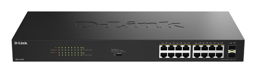 Коммутатор D-Link DGS-1018P/B1A Конфигурируемый PoE-коммутатор, 16х1000Base-T PoE, 2x1000Base-X SFP, PoE-бюджет 240 Вт, дальность PoE до 250 м, DIP-переключатель, корпус металл