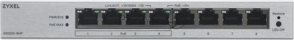 Коммутатор ZYXEL GS1200-8HPV3-EU0101F, 8×1 Гбит/с, 4×PoE+, 68 Вт, управляемый