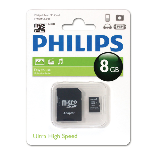 PHILIPS <FM08MA45B/97> microSDHC Memory Card 8Gb Class10  + microSD-->SD Adapter