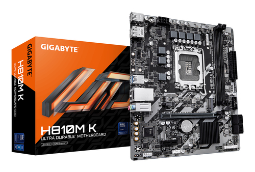 Материнская плата Gigabyte H810M K, LGA1851, Intel H810, 2xDDR5, 4xSATA, 1xM.2, 1xPCIe 4.0 x16, 1xPCIe 3.0 x1, 1xDP, 1xHDMI, 1x1Gb LAN, 2xUSB-A 5Gbps, 4xUSB-A 2.0, 3x3.5 мм, 7.1, mATX